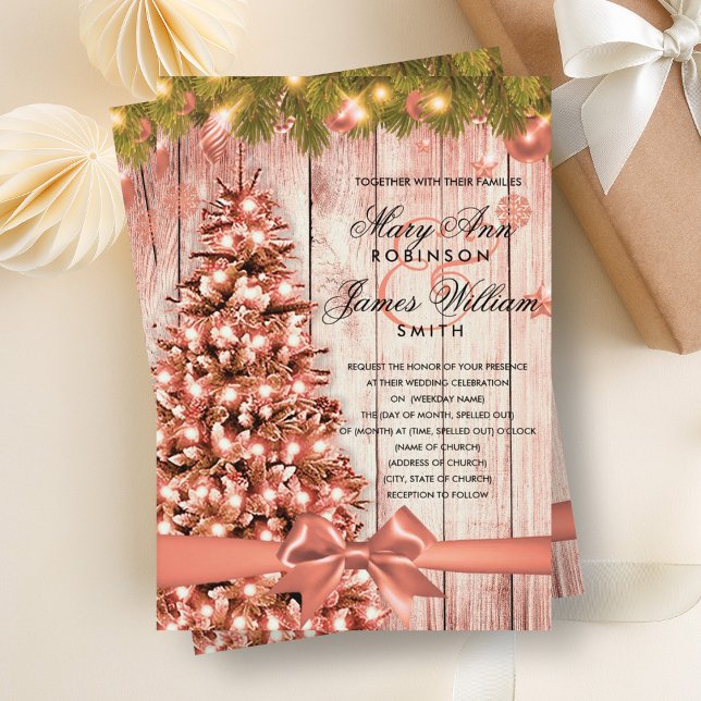 Ro Guld jul Bröllop Träd, Ljus och Ribbon Inbjudningar (Rose Gold Christmas Wedding Tree, Lights & Ribbon Invitation)