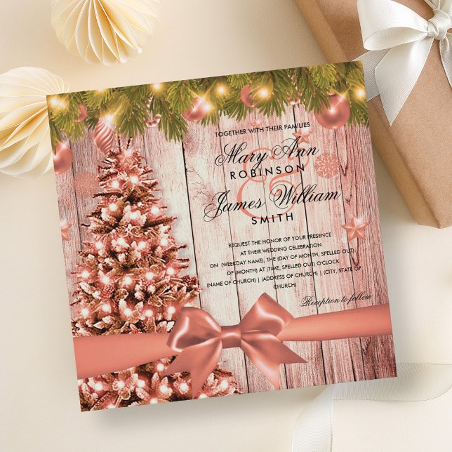 Ro Guld jul Bröllop Träd, Ljus och Ribbon Inbjudningar (Rose Gold Christmas Wedding Tree, Lights & Ribbon Invitation)