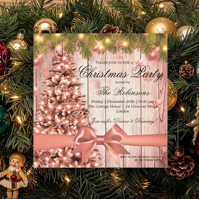 Ro Guld jul Party | Julafton Träd & Ribbon Inbjudningar (Rose Gold Christmas Party | Xmas Tree & Ribbon Invitation)