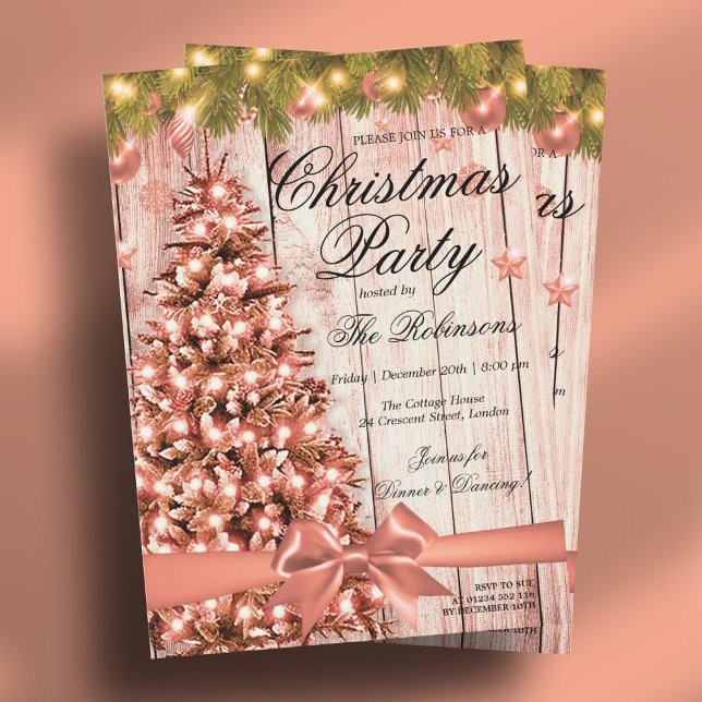 Ro Guld jul Party | Julafton Träd & Ribbon Inbjudningar (Rose Gold Christmas Party | Xmas Tree & Ribbon Invitation)