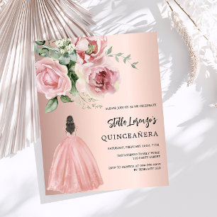 Ro guld-klänning rosa blommigt Quinceanera-inbjuda