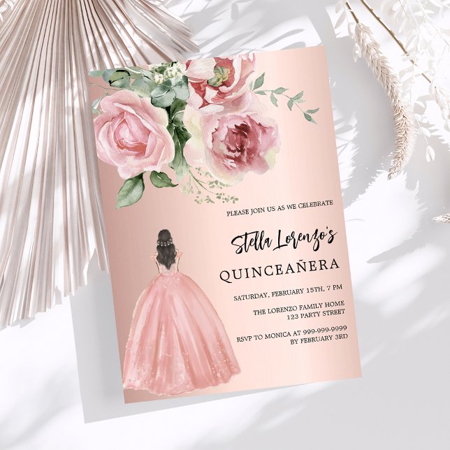 Ro guld klänning rosa blommigt Quinceanera Inbjudningar (Skapare uppladdad)
