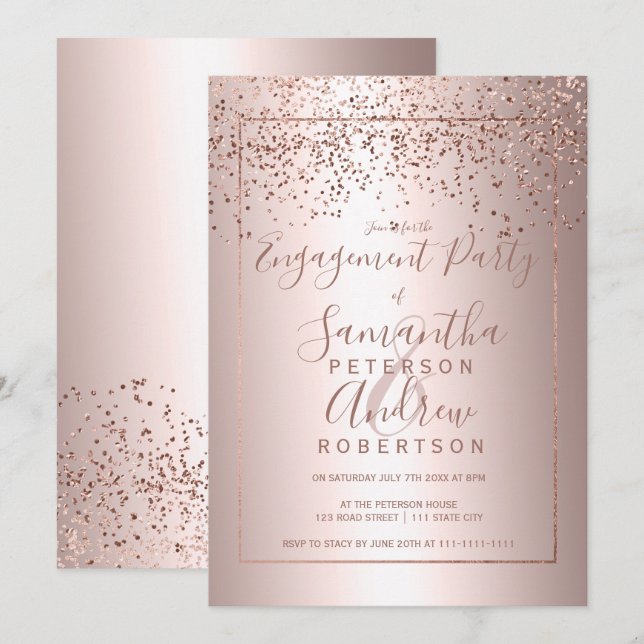Ro guld konetti förlovning för metalltypografi inbjudningar (Fram/baksida)