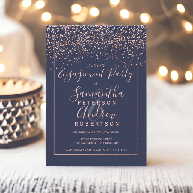 Ro guld konetti marinblå typografi, förlovning inbjudningar (Rose gold confetti navy blue typography engagement invitation)