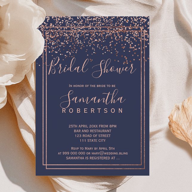 Ro guld konetti marinblått gräns möhippa inbjudningar (Rose gold confetti navy blue border bridal shower invitation)