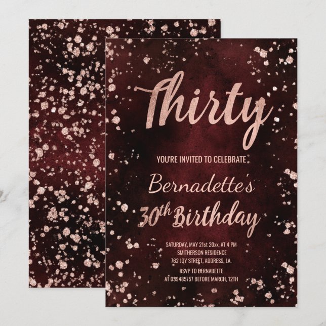 Ro guld konetti röd vattenfärg 30års födelsedag inbjudningar (Fram/baksida)
