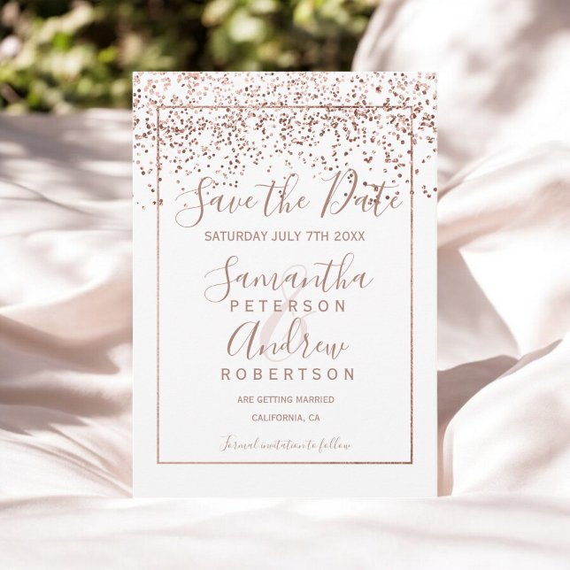 Ro guld konetti vit spara datumet bröllop (Rose gold confetti white save the date wedding)