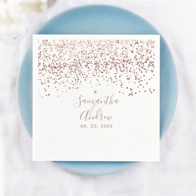 Ro guld konetti vit typografi bröllop pappersservett (Rose gold confetti white typography wedding napkins)