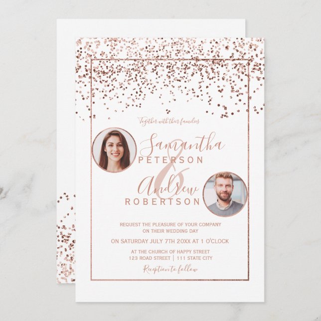 Ro guld konfeetti, vit cirkel, foto bröllop inbjudningar (Fram/baksida)