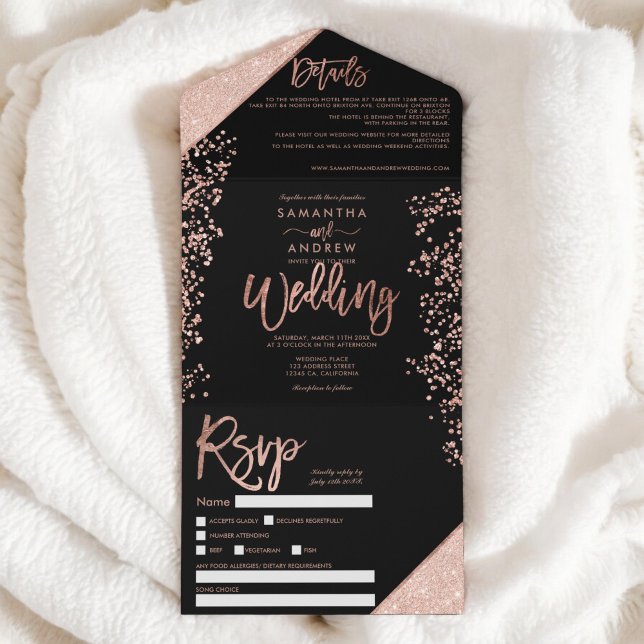 Ro-guld-konfekti-chic, svart bröllop (Rose gold glitter confetti chic black wedding all in one invitation)