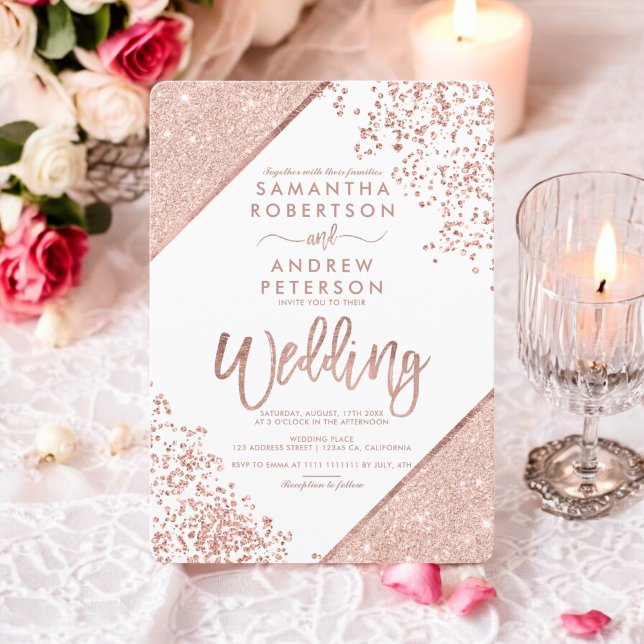 Ro-guld-konfekti-chic, vit bröllop inbjudningar (Rose gold glitter confetti chic white wedding invitation)