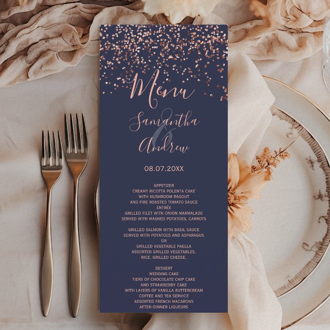 Ro guld-konfessionens blåa bröllop-meny meny (Rose gold confetti navy blue wedding menu)
