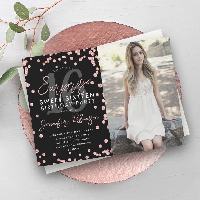 Ro Guld Konfetti Fotoöverraskningssötare 16 Inbjudningar (Rose Gold Confetti Photo Surprise Sweet 16 Invitation)