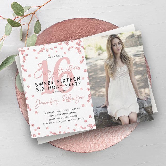 Ro Guld Konfetti Fotoöverraskningssötare 16 Inbjudningar (Rose Gold Confetti Photo Surprise Sweet 16 Invitation)