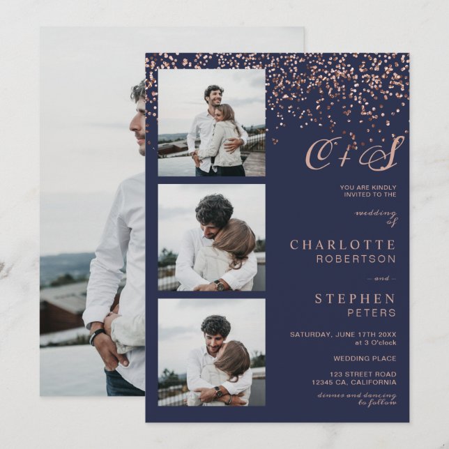 Ro guld konfetti-initialer foton bröllop inbjudningar (Fram/baksida)