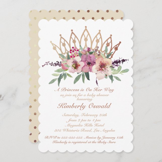 Ro Guld Krona  Rosa Blommigt Flicka Shower för  vi Inbjudningar (Fram/baksida)