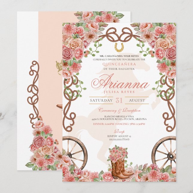 Ro Guld Land Western Charro Ranch Quinceanera Inbjudningar (Fram/baksida)