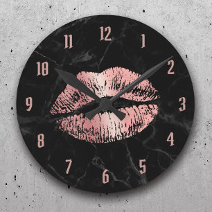Ro Guld-läppstift Kissing Modern Black Marble Rund Klocka
