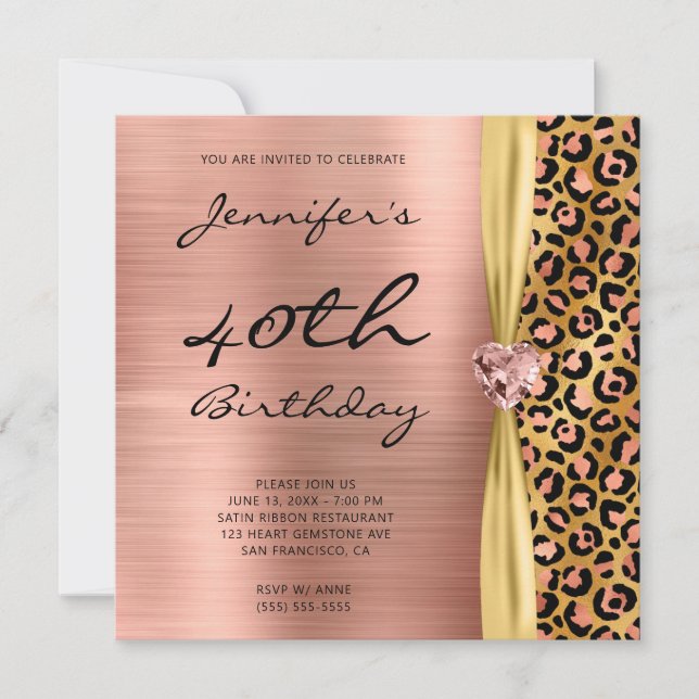 Ro Guld Leopard Foil Gem Ribbon 40 Birthday Inbjudningar (Framsida)