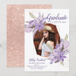 Ro guld lila blommigt glitter  studenten inbjudningar