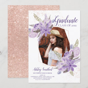 Ro guld lila blommigt glitter studenten inbjudningar