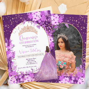 Ro guld lila blommigt tiara princess Quinceanera Inbjudningar