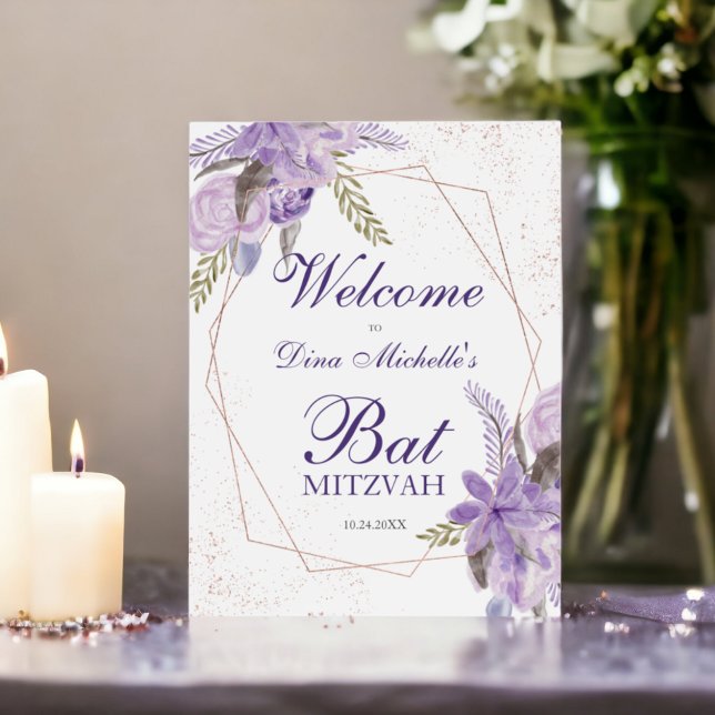 Ro guld lila blommigt vattenfärgsfärg Bat mitzvah Poster (Rose gold purple floral watercolor Bat Mitzvah Poster)