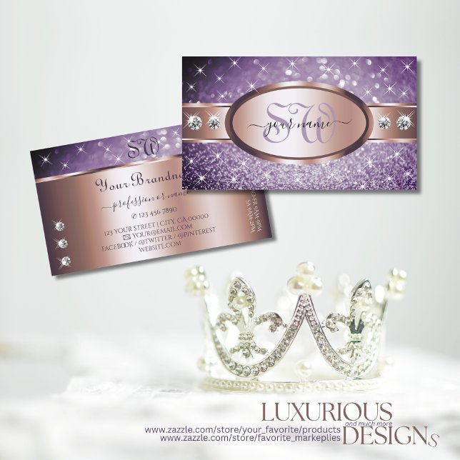 Ro Guld Lila Glitter Stars Diamonds Monogram Visitkort (Skapare uppladdad)