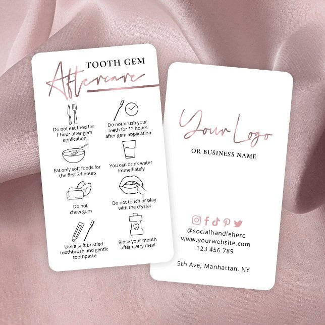 Ro Guld Logotyp Teeth Crystals Aftercare Dentist Visitkort (Rose gold effect dental treatment aftercare cards for tooth gems)