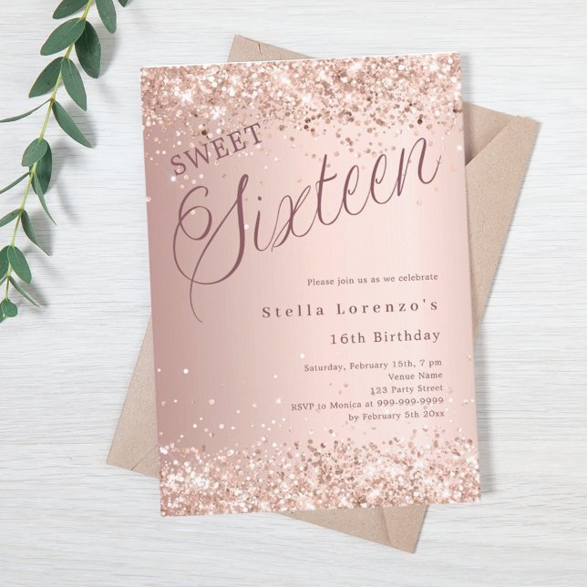 Ro guld manuset glitter Sweet 16 lyx Inbjudningar (Skapare uppladdad)