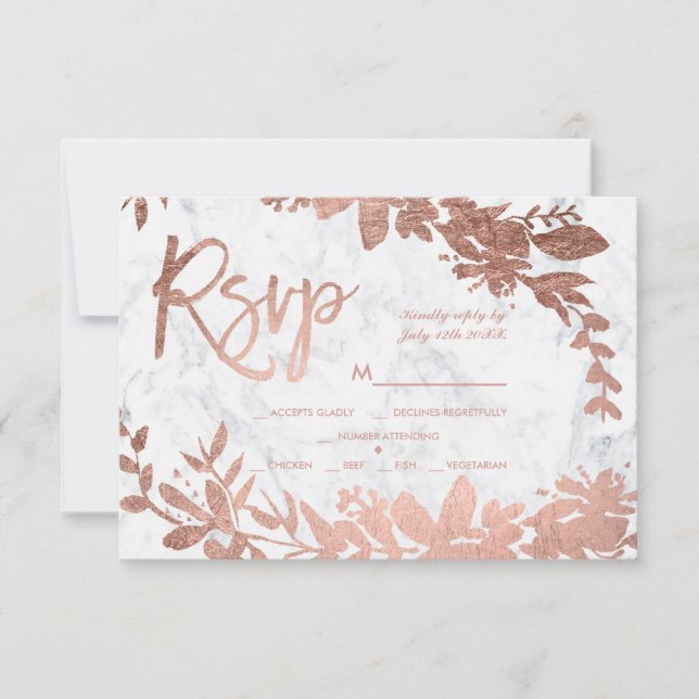Ro Guld manusskript blommigt vit marble osa bröllo Kort (Framsida)