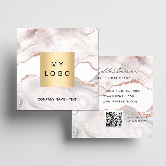 Ro guld marble agate logotyp QR-elegant Fyrkantigt Visitkort (Skapare uppladdad)