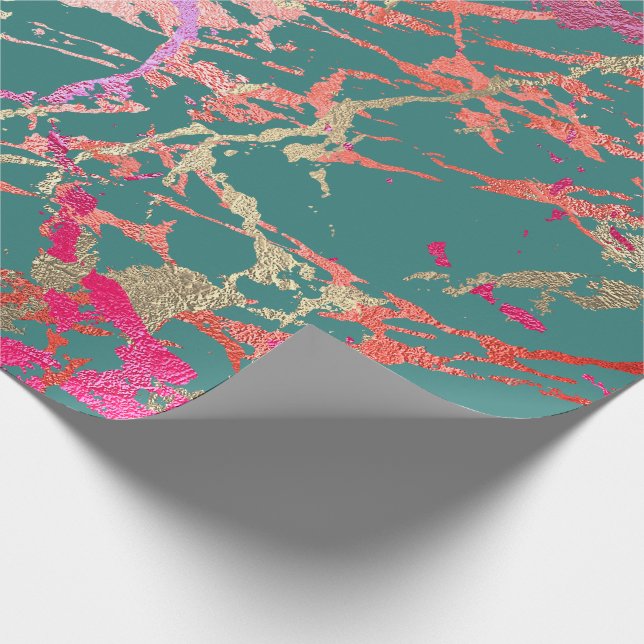 Ro Guld Marble Coral Teal Bright Rosa Abstrakt Presentpapper (Hörn)