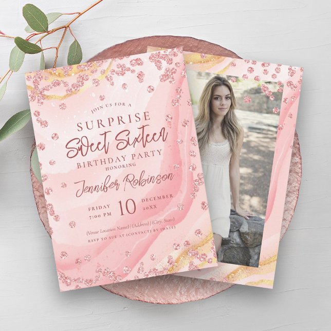 Ro Guld Marble Glitter Photo SURPRISE Sweet 16 Inbjudningar (Rose Gold Marble Glitter Photo SURPRISE Sweet 16 Invitation)