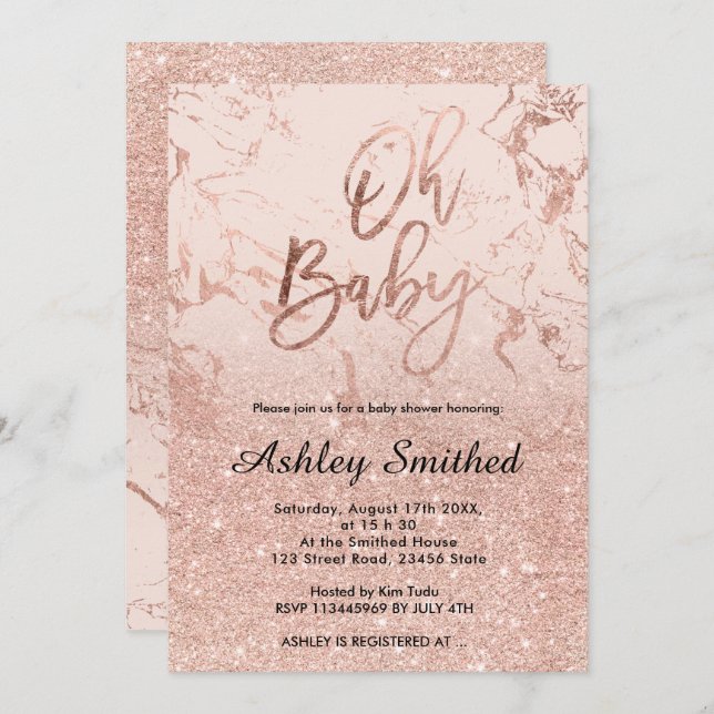 Ro guld marble glitter rosa om  om  Oh babydusch Inbjudningar (Fram/baksida)
