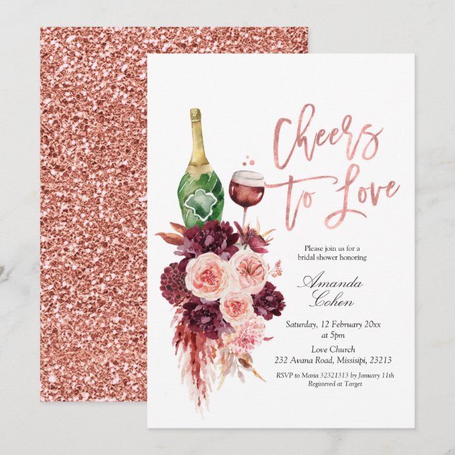 Ro Guld Marsala Blommigt Cheers to Kärlek bjudande Inbjudningar (Fram/baksida)