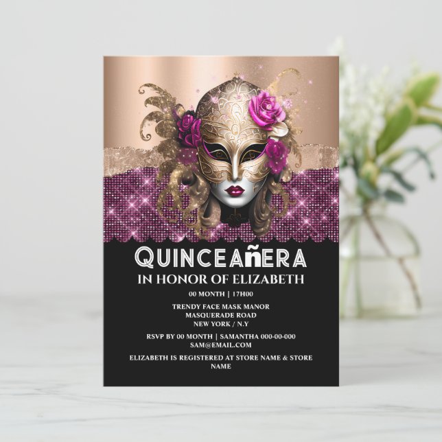 Ro guld maskkupperad Quinceañera födelsedagsmask 3 Inbjudningar (Stående Fram)