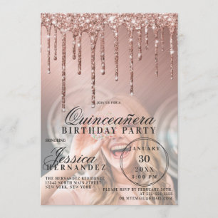 Ro Guld Metallic Glitter Drives Photo Quinceañera Inbjudningar