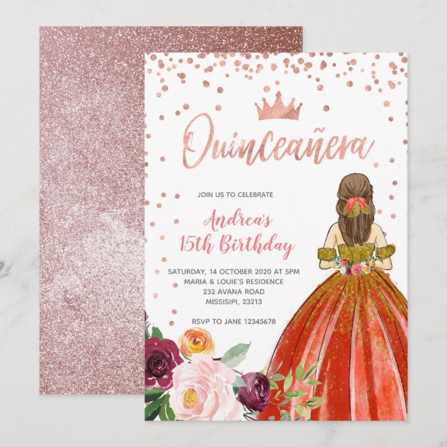 Ro Guld Mexikanska prinsessan Quinceañera Birthday Inbjudningar (Fram/baksida)
