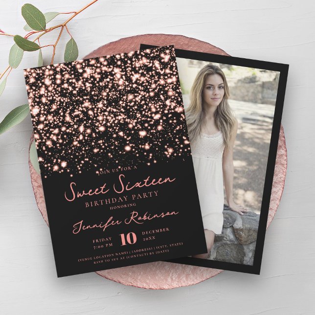 Ro Guld Midnight Glam Photo Sweet 16 Inbjudningar (Rose Gold Midnight Glam Photo Sweet 16 Invitation)
