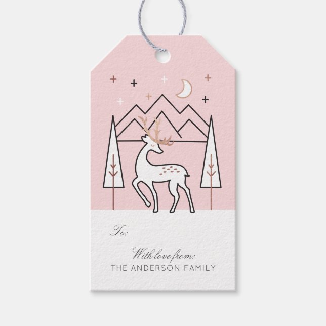  Ro Guld Modern Elegant Reindeer på natten Presentetikett (Framsidan)