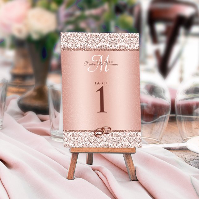 Ro Guld Monogram Damask Glitter Elegant bröllop Bordsnummer (Skapare uppladdad)