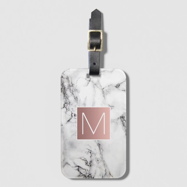 ro guld monogram på svartvit sten bagagebricka (Framsida vertikal)