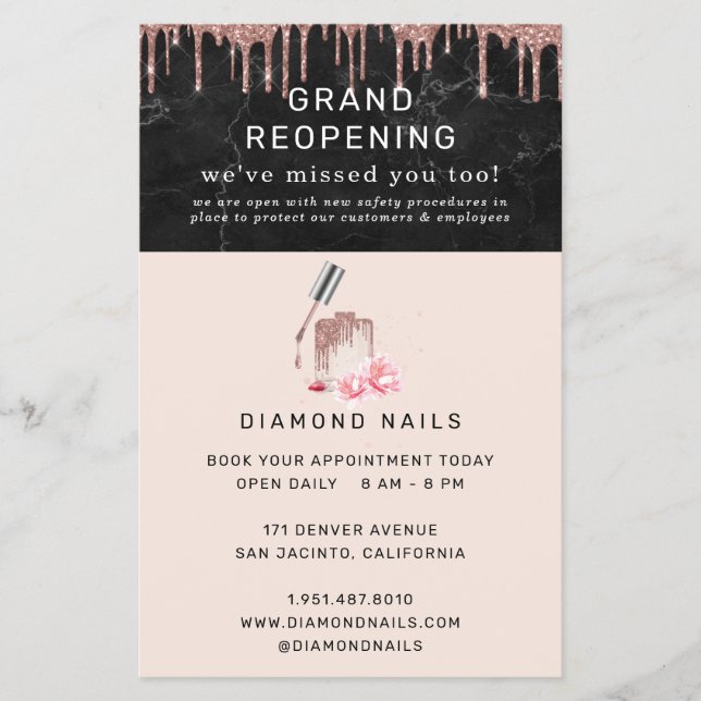 Ro Guld Nail Salon Grand Reöppning Covid Safety Flygblad (Framsidan)