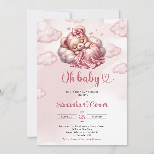 Ro guld nalle Oh Flicka Baby Shower Inbjudningar (Framsida)