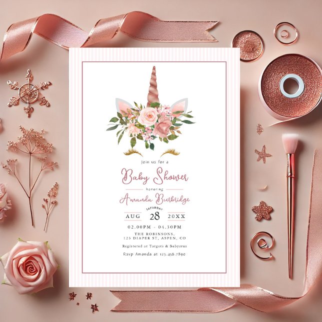 Ro Guld och  Blommigt, ensileringsskuvring för bar Inbjudningar (Rose Gold and Blush Floral Unicorn Baby Shower Invitation)