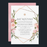 Ro Guld och Blommigten för  Rosa Bat mitzvah Inbjudningar<br><div class="desc">rosa och ro guld ro bat mitzvah inbjudan med accenter för sage grönt som lägger till ett guld geometriskt ram.</div>