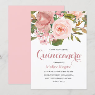 Ro Guld och blommor Quinceanera Party Inbjudan