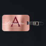 Ro Guld och Burgundy Brushed Metall Monogram Bagagebricka<br><div class="desc">Ro Guld -  Rosa och Burgundy Marsala Brushed Metall Foil Monogram Namn och Initial Luggage Tag. Den här väskan är märkre för Back to school,  Arbete eller Resning.</div>