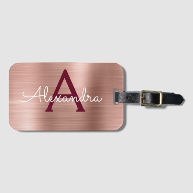 Ro Guld och Burgundy Brushed Metall Monogram Bagagebricka (Framsida horisontal)